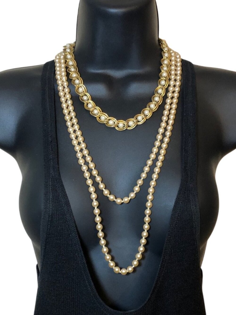 Curated bundle faux pearls layered look necklaces lot 2 vintage retro glam.